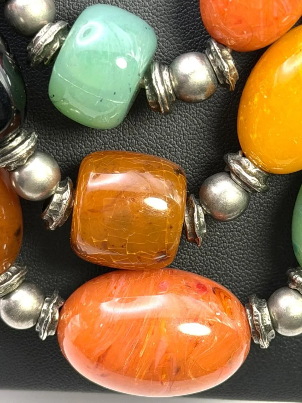 Vintage Chunky Resin Bead Necklace Multi Strand Orange Green Silver Tone 124g